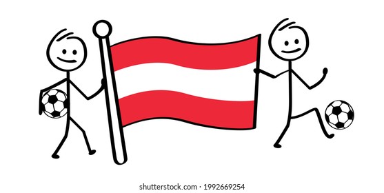 Happy football, tennis, golf,  supporters. Cartoon stickman with the flag of Austria. Stick figure man for wk, ek soccer ball game. Flat vector sport icon or pictogram. 2020, 2021, 2022