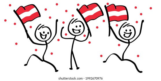 Happy football, tennis, golf,  supporters. Cartoon stickman with the flag of Austria. Stick figure man for wk, ek soccer ball game. Flat vector sport icon or pictogram. 2020, 2021, 2022