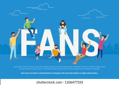 Happy football world cup fans watch a game online sitting on big letters. Flat people using laptop and smartphone for watching football championship games gesturing hands up and joying the winner.