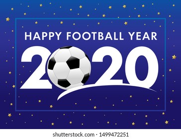 Happy Football Year 2020 text with soccer ball on blue background. Merry Christmas vector illustration with 2 and ball & 20 number, invitation card for winter football tournament