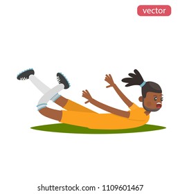 Happy footballer glides on his stomach color flat illustration