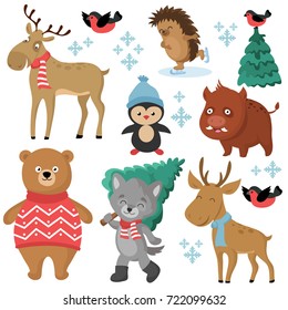 Happy forest animals in winter and christmas trees isolated on white background vector set. Forest animal bird and wolf, boar and elk, character christmas cartoon illustration