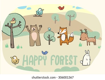 Happy forest and funny animal collection,bird,fox,bear,deer,rabbit