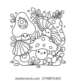 Happy forest mushrooms coloring page, whimsical nature art, cute fungi