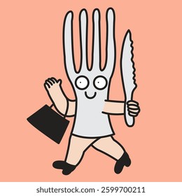Happy Fork Lady Going Out To Eat Somewhere Concept Cartoon Character illustration