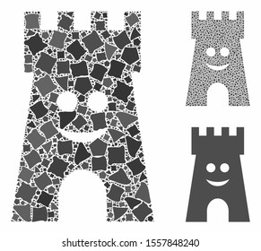 Happy fort tower mosaic of rough items in different sizes and color hues, based on happy fort tower icon. Vector rough parts are united into collage.
