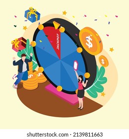 Happy fortune wheel winner isometric 3d vector illustration for banner, website, illustration, landing page, template, etc