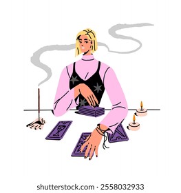 Happy fortuneteller makes tarot reading, prophecy. Fortune teller does divination with magic card deck. Woman goes future telling, destiny, fate. Flat isolated vector illustration on white background