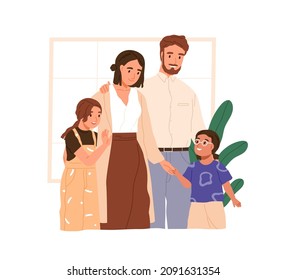 Felices padres adoptivos adoptando niños. Familia con madre, padre, hija y su hermana adoptiva. Custodia y adopción del concepto de niño. Ilustración vectorial plana aislada en fondo blanco