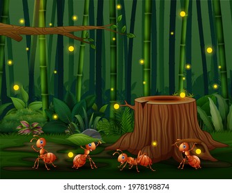 Happy four ants in the bamboo forest with fireflies