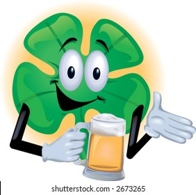 A happy four leaf clover smiling and holding a beer.