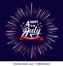 Happy fourth 4 of July Independence day USA  handwritten phrase with stars, American flag and firework. Vector lettering illustration.