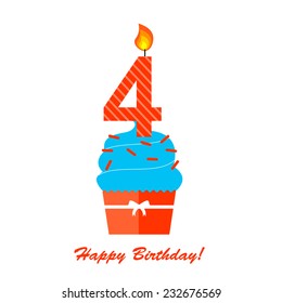 Happy Fourth Birthday Anniversary card with cupcake and candle in flat design style, vector illustration 