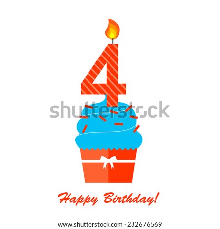 Happy Fourth Birthday Anniversary card with cupcake and candle in flat design style, vector illustration 