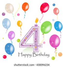 Happy fourth birthday candle vector with colorful confetti and balloons vector illustration