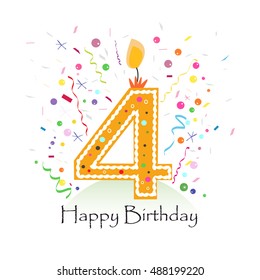 Happy fourth birthday candle vector with colorful confetti and balloons vector illustration background