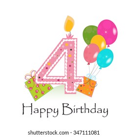 Happy fourth birthday card vector with gift box and balloons