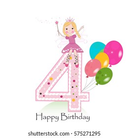 Happy fourth birthday greeting card with fairy tale