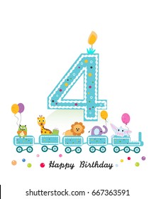 Happy fourth birthday greeting card. Birthday train with animals