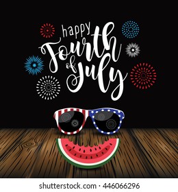 Happy Fourth of fireworks and typography on wood background. EPS 10 vector.