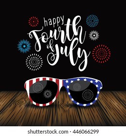 Happy Fourth of fireworks and typography on wood background. EPS 10 vector.