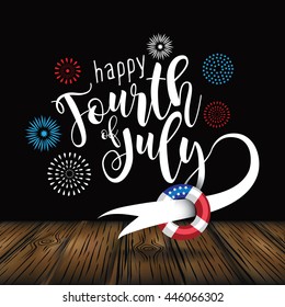 Happy Fourth of fireworks and typography on wood background. EPS 10 vector.