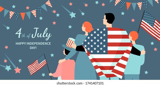 Happy Fourth Of July. America Independence Day Greeting Banner Template With Happy Family With Flags Watching Fireworks. Vector Illustration In A Flat Style.