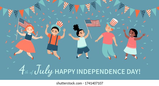 Happy Fourth Of July. America Independence Day Greeting Banner Template With Happy Kids With Flags And Hats Jumping And Having Fun. Vector Illustration In A Flat Style.