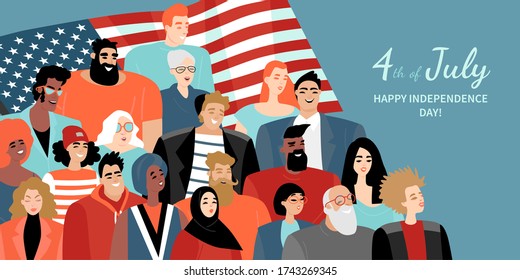 Happy Fourth of July. American Independence Day greeting banner with a diverse group of people with the American flag on the background. Vector illustration in a flat style.