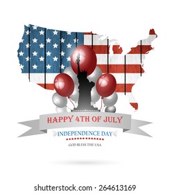 Happy Fourth Of July Background With Balls Statue Of Liberty And Title Inscription