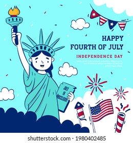 Happy fourth of July background with the liberty statue cartoon vector