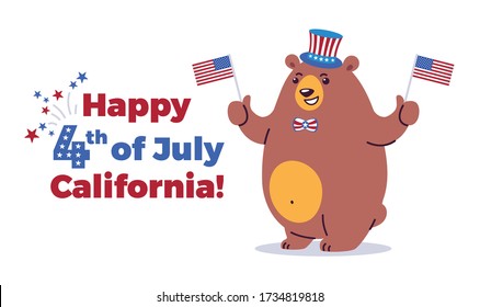 Happy Fourth of July, California background - California state animal grizzly bear in cartoon style ready for holiday - American Independence Day 4th of July vector illustration and typography