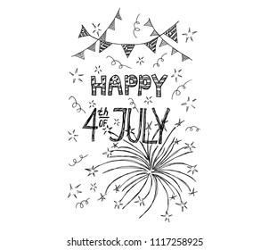 Happy fourth of July card on white background. Happy 4th of July Independence Day greeting card with american flag. Hand drawn. Vector illustration