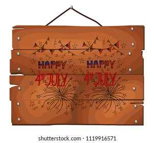 Happy fourth of July card on wooden plank background. Happy 4th of July Independence Day greeting card with american flag. Hand drawn. Vector illustration
