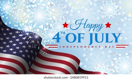 happy fourth of july design, united states independence day with american waving flag and fireworks on blue sky concept vector illustration