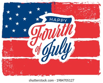 Happy Fourth Of July Font On American Flag Brush Stroke Background.