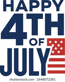 Happy fourth of July graphic with blue text and a stylized American flag with white background