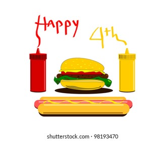 happy fourth of july graphic design with hot dog and hamburger