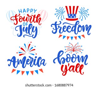 Happy Fourth of July hand written festive lettering set. United States of America Independence day modern calligraphy typographic design for poster, greeting card template. Vector illustration