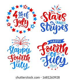 Happy Fourth of July hand written festive lettering set. United States of America Independence day modern calligraphy typographic design for poster, greeting card template. Vector illustration