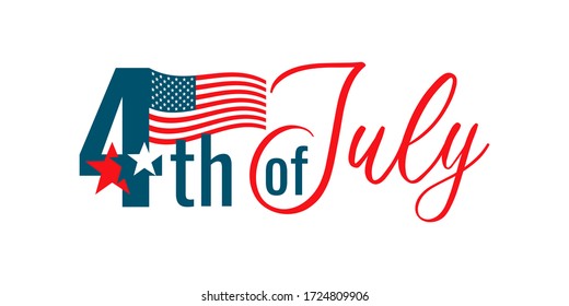 Happy Fourth july holiday in USA. American Independence Day greeting card, banner, poster with United States flag, stars and stripes. Patriotic number 4 on white background. Vector illustration
