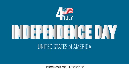 Happy Fourth July holiday in USA. American Independence Day greeting card, banner, poster with United States flag, patriotic number 4 and white paper letters on blue background. Vector illustration