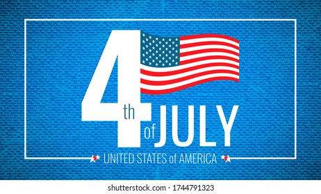 Happy Fourth july holiday in USA. American Independence Day greeting card, banner, poster with United States flag. Patriotic number 4 on blue grunge background. Vector illustration