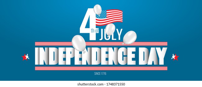 Happy Fourth July holiday in USA. American Independence Day greeting card, banner, poster with United States flag, patriotic number 4 and white air balloon on blue background. Vector illustration