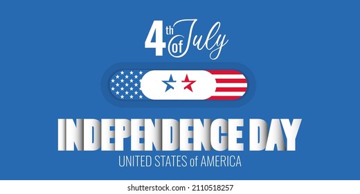 Happy Fourth july holiday in USA. American Independence Day greeting card, banner, poster with United States flag, stars and stripes. Patriotic text on blue background. Vector illustration