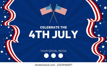 Happy Fourth july holiday in USA. American Independence Day greeting card, banner, poster with United States flag, stars and stripes. Patriotic calligraphy on blue background. Vector illustration