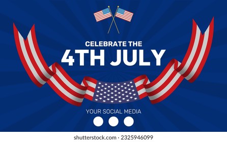 Happy Fourth july holiday in USA. American Independence Day greeting card, banner, poster with United States flag, stars and stripes. Patriotic calligraphy on blue background. Vector illustration