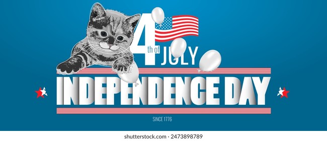 Felices vacaciones del 4 de julio en Estados Unidos. Tarjeta de felicitación del Día de la Independencia de Estados Unidos, Anuncio, afiche con la bandera de Estados Unidos, estrellas y rayas. Gato patriótico sobre fondo azul. Ilustración vectorial