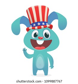 Happy fourth of July. Independence day of America. Cartoon Rabbit wearing Uncle Sam hat. Vector illustration