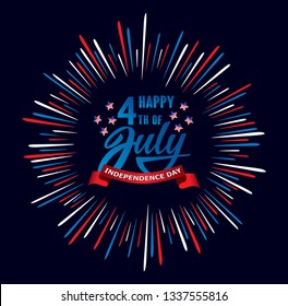 Happy fourth of July Independence day USA  handwritten phrase with stars, American flag and firework. Vector lettering illustration.